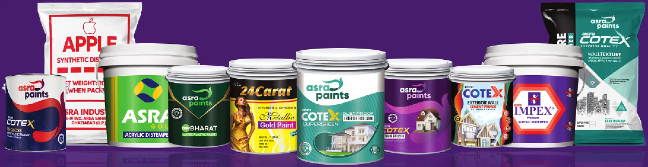 The complete Asra Paints product line-up — buckets, tins and texture pouches in a row